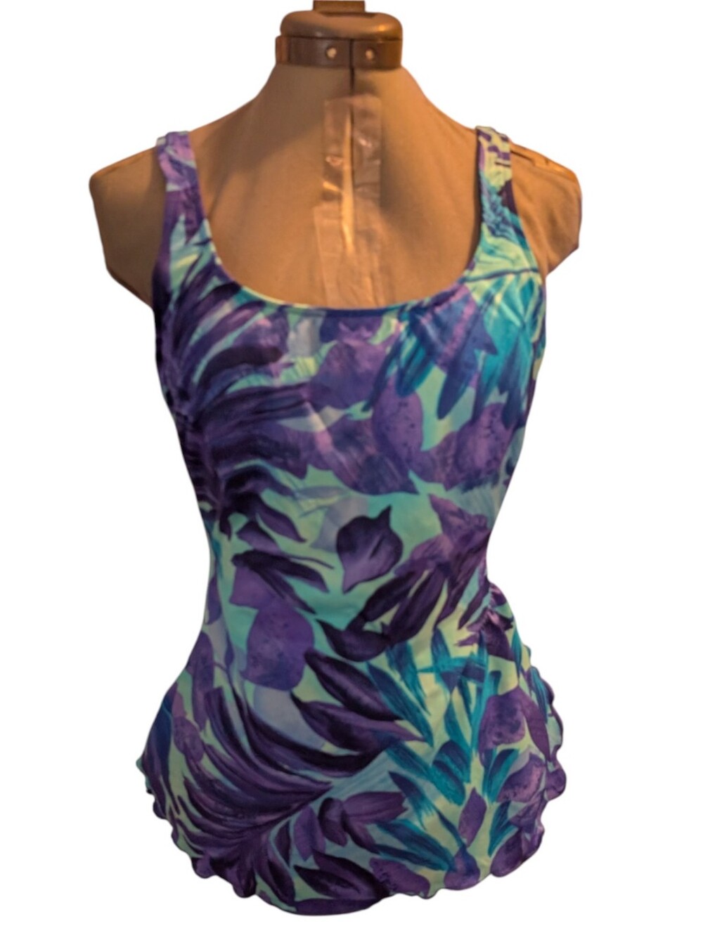 Vintage 90s‎ Jantzen blue Aqua Purple  Abstract floral Print  Swim Suit Skirt
